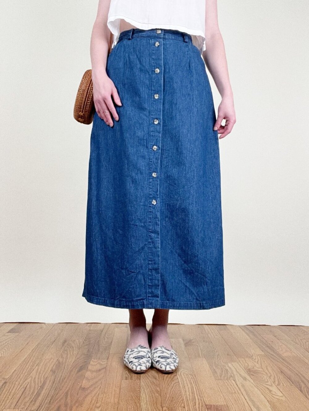 Vintage 90s Y2K Maxi Skirt 100% Cotton Denim High Rise Waist Button Down Up Boho - Picture 5 of 8